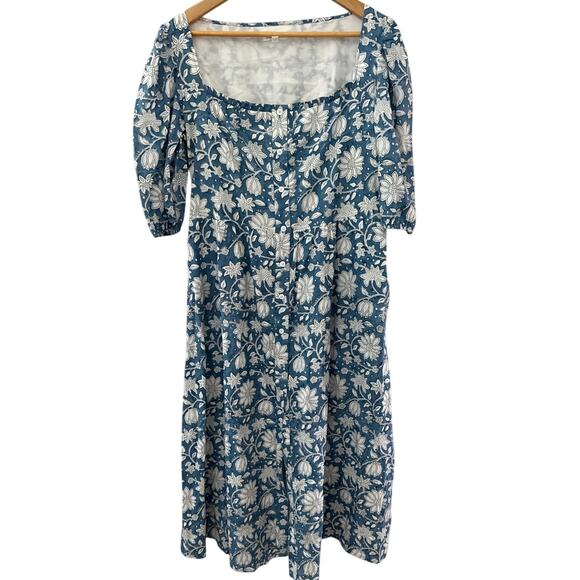 Beau & Ro Blue Folk Floral Button Front Floral Midi Dress Pockets Size Medium‎ - Picture 6 of 10
